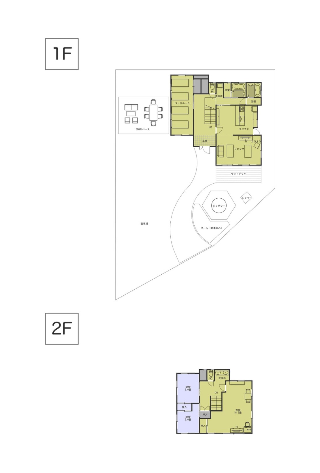 デュエットリゾート千倉アジアンベイ｜千葉県・館山・南房総の間取り写真｜緑　1～6名様ご利用部分
緑、青　7名様～　全館開放