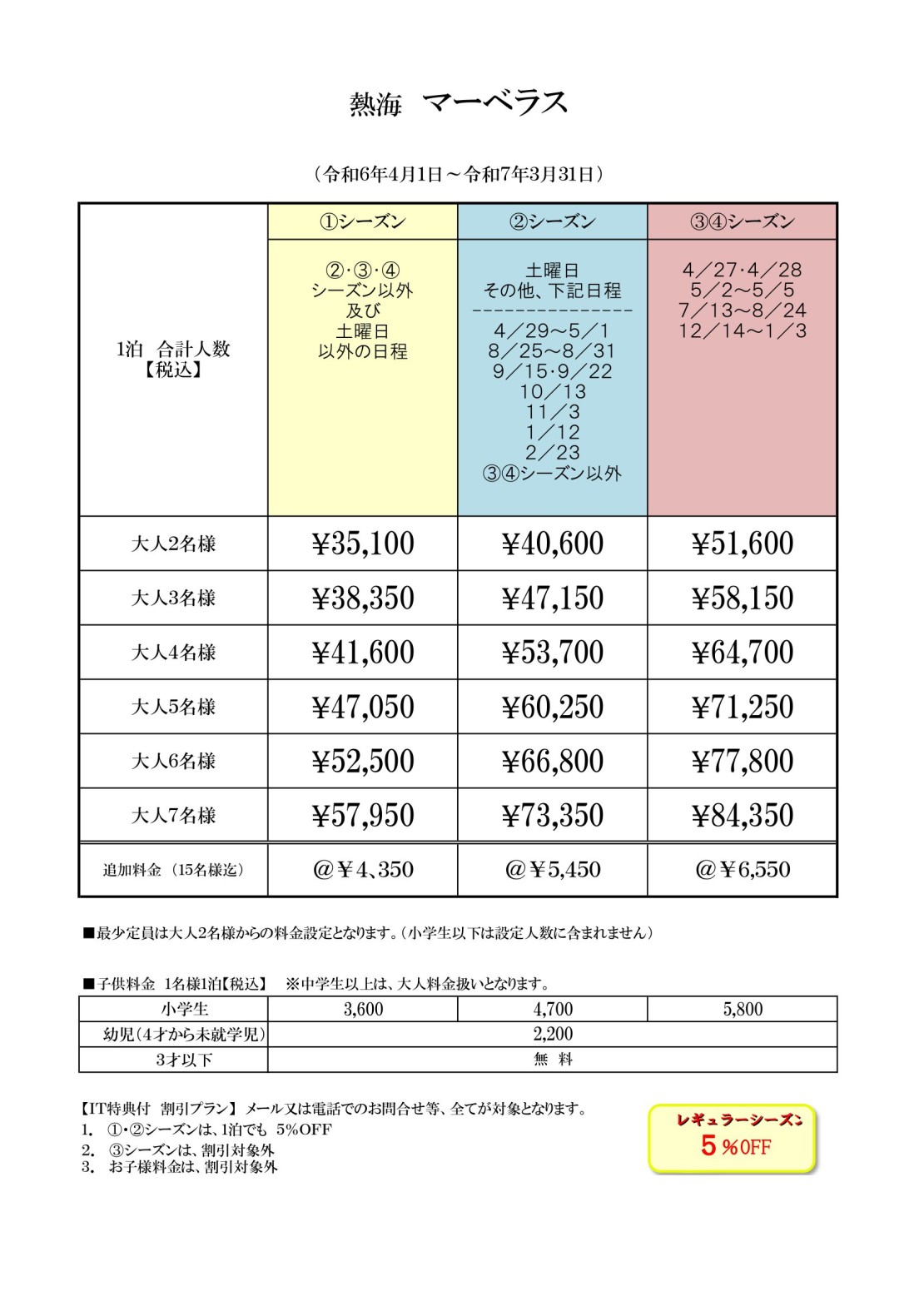 天空露天風呂（温泉）熱海マーベラス｜静岡県・熱海｜料金表