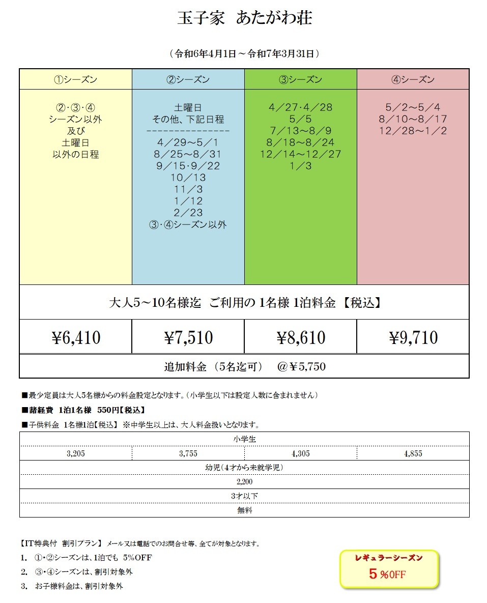 TAMAGOYA  ATAGAWASOU(玉子家)｜静岡県・東伊豆｜料金表