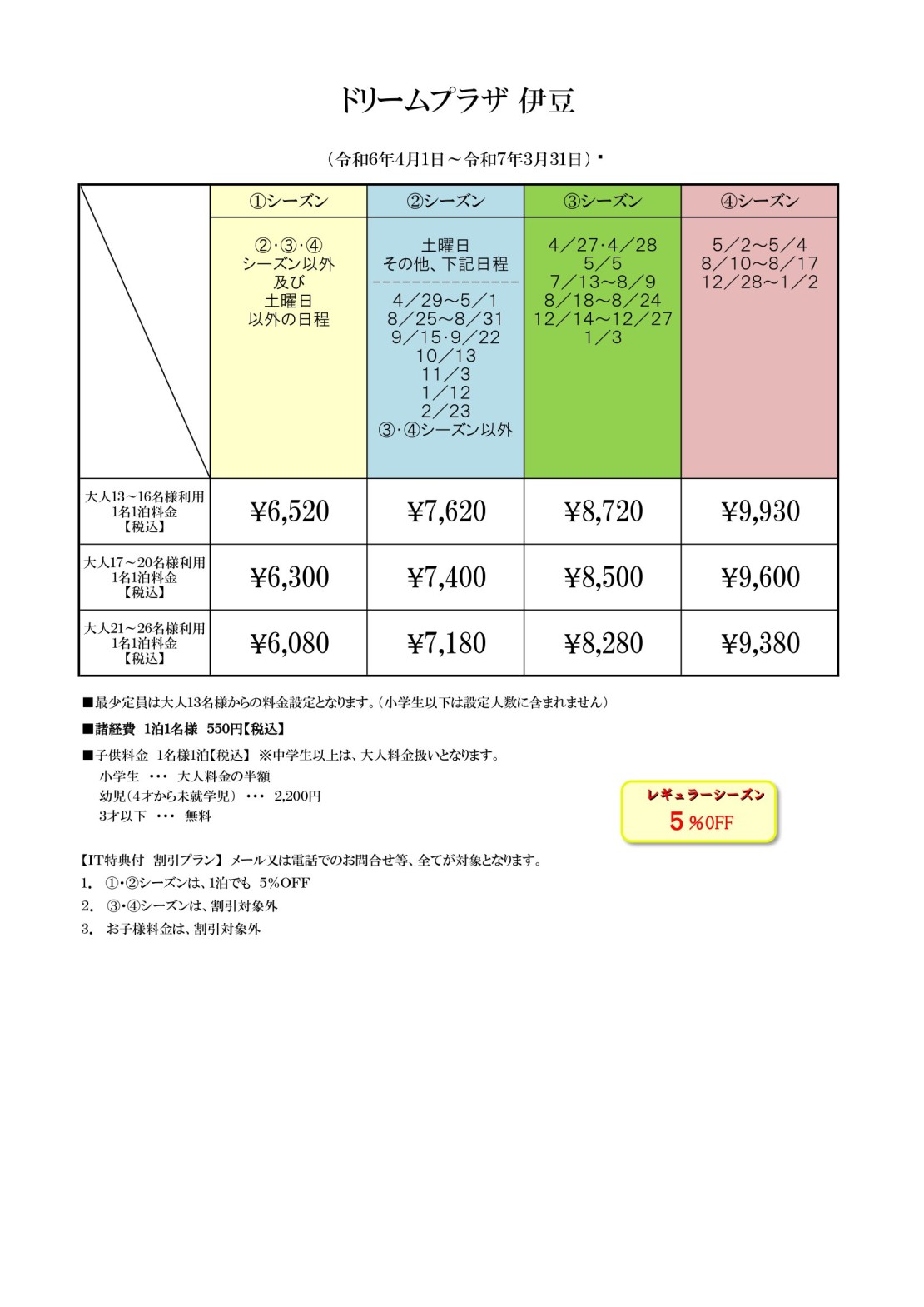 ドリームプラザ伊豆｜静岡県・伊東・宇佐美・川奈｜料金表