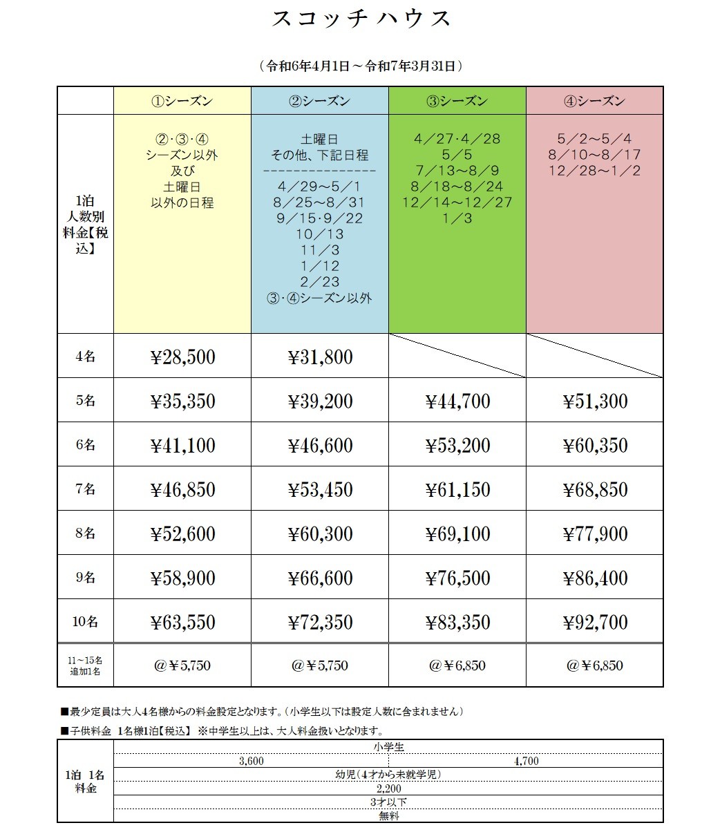 スコッチハウス｜静岡県・伊豆高原｜料金表