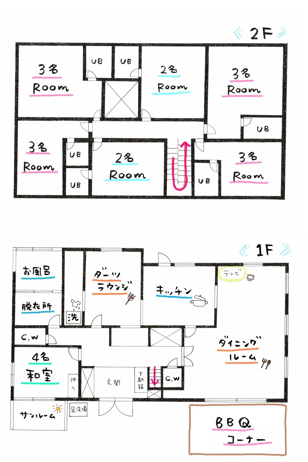 貸別荘ONE｜静岡県・伊豆高原の間取り写真｜１F和室１部屋、２Fユニットバス付きベッドルーム６部屋、シングルベッド１７台