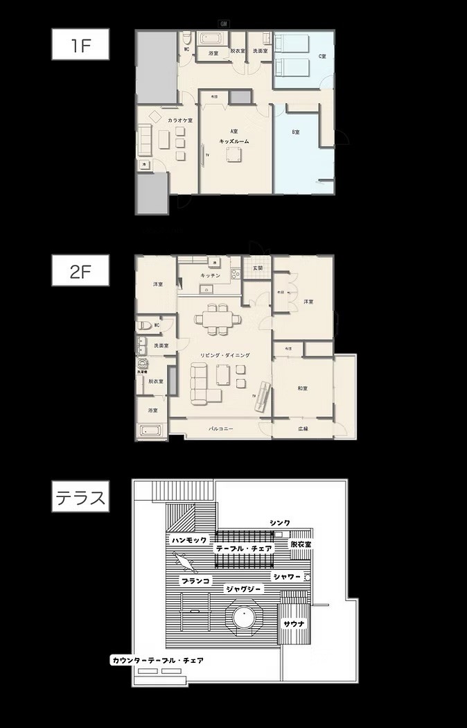 デュエットリゾート館山ロータス｜千葉県・館山・南房総の間取り写真｜1階B・C室は11名～ご利用可能
※1階・2階の行き来は屋外からになります