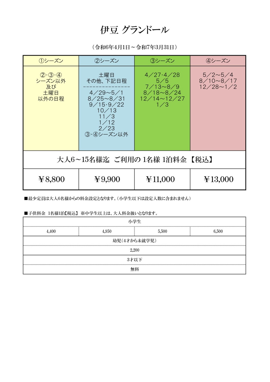 絶景一棟貸し　IZU GRAN DEUR 510　(伊豆グランドール510)｜静岡県・伊豆高原｜料金表