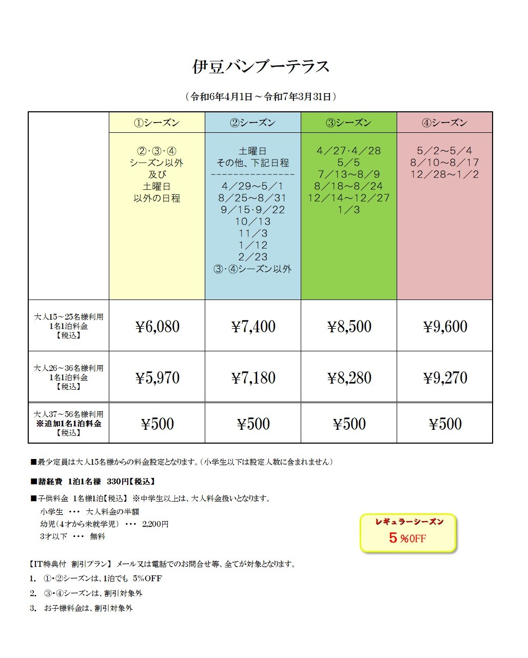 Izu Banboo Terrace　(伊豆バンブーテラス)｜静岡県・伊豆高原｜料金表