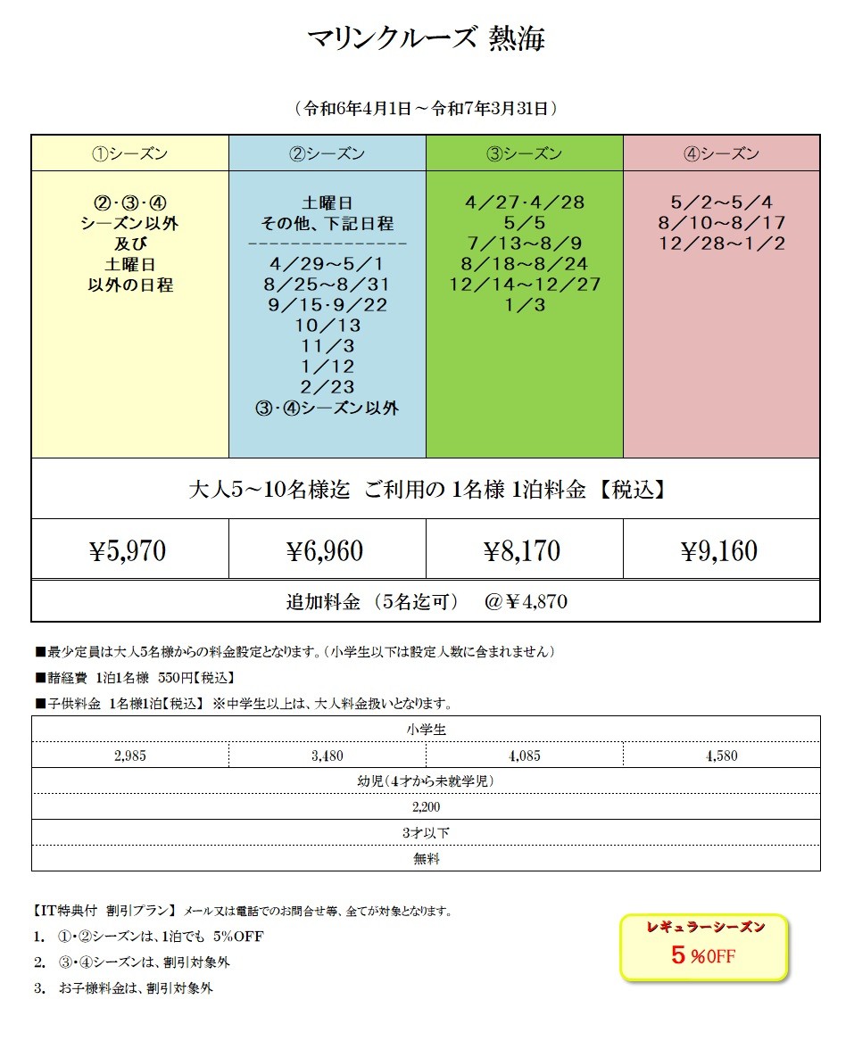 マリンクルーズ熱海｜静岡県・熱海｜料金表