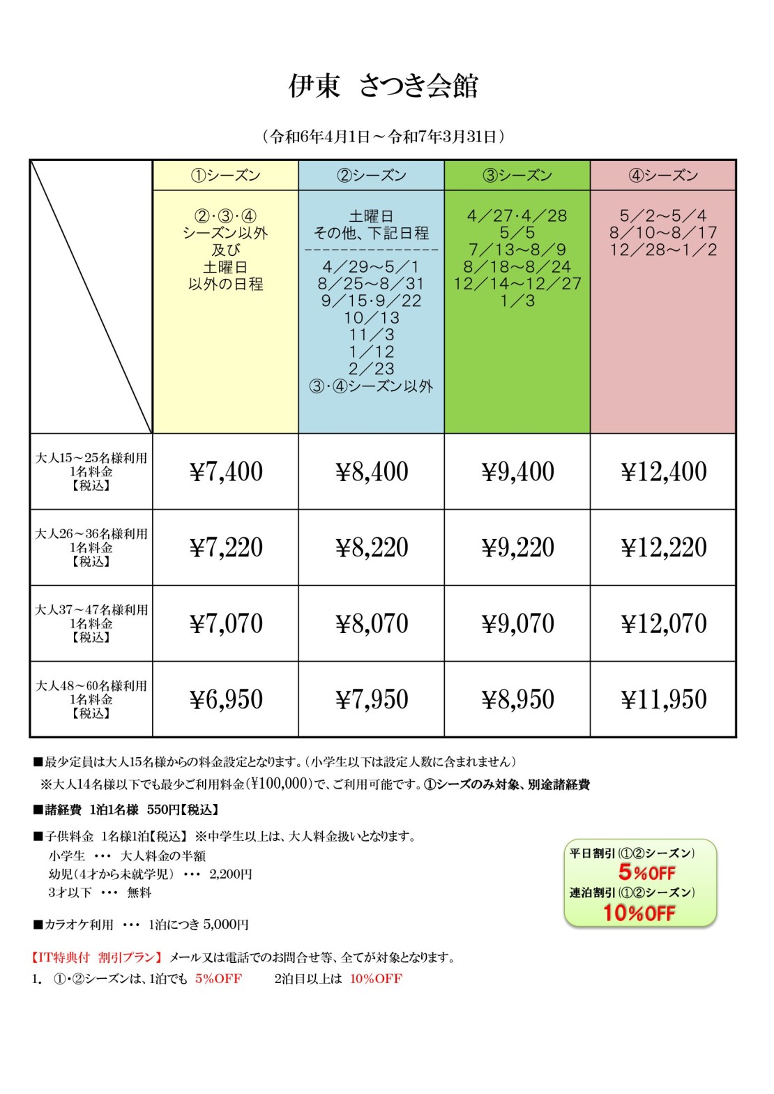 伊東さつき会館｜静岡県・伊東・宇佐美・川奈｜料金表