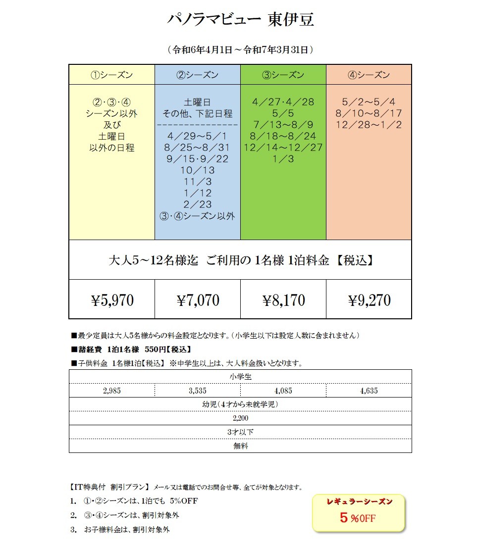 パノラマビュー東伊豆｜静岡県・東伊豆｜料金表