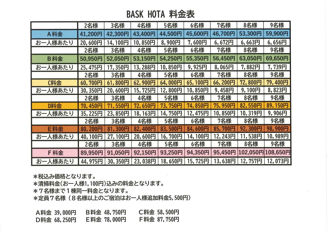 BASK HOTA｜千葉県・木更津・君津・富津｜料金表になります。