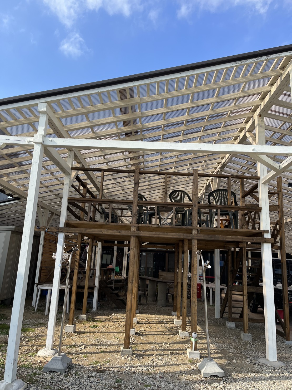 憩いの家ふらっと別館和風なコテージ古民家hoo！｜千葉県・九十九里・銚子｜広ーい庭全体に、UVカットの特大大型屋根設置してありますので、雨が降っても、風が吹いても、BBQ出来ます！
高見台設置完了で、遊び心満載です！
お子様大満足間違い無しですね♪