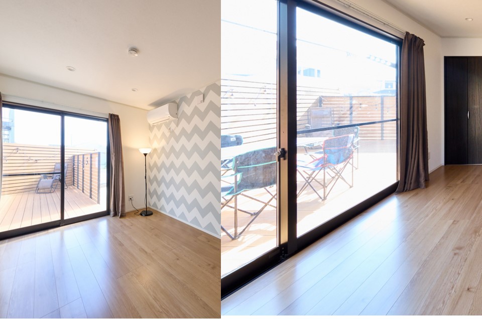 THE Air一宮　-South-　南棟｜千葉県・九十九里・銚子｜ウッドデッキへは、２部屋から出入り可能。３世代ご利用でも、動線スムーズな上、お互いのプライバシーも守れます。