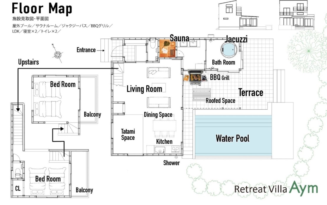 Retreat Villa Aym（リトリート ヴィラ エイム）｜千葉県・館山・南房総の間取り写真｜LDK ／ 寝室×2（2F） ／トイレ×2（1F/2F）／ バスルーム（ジャグジーバス） ／ 洗面・脱衣室 ／ サウナルーム
ワイドダブルベッド４台、敷布団２組（１階の畳スペース）