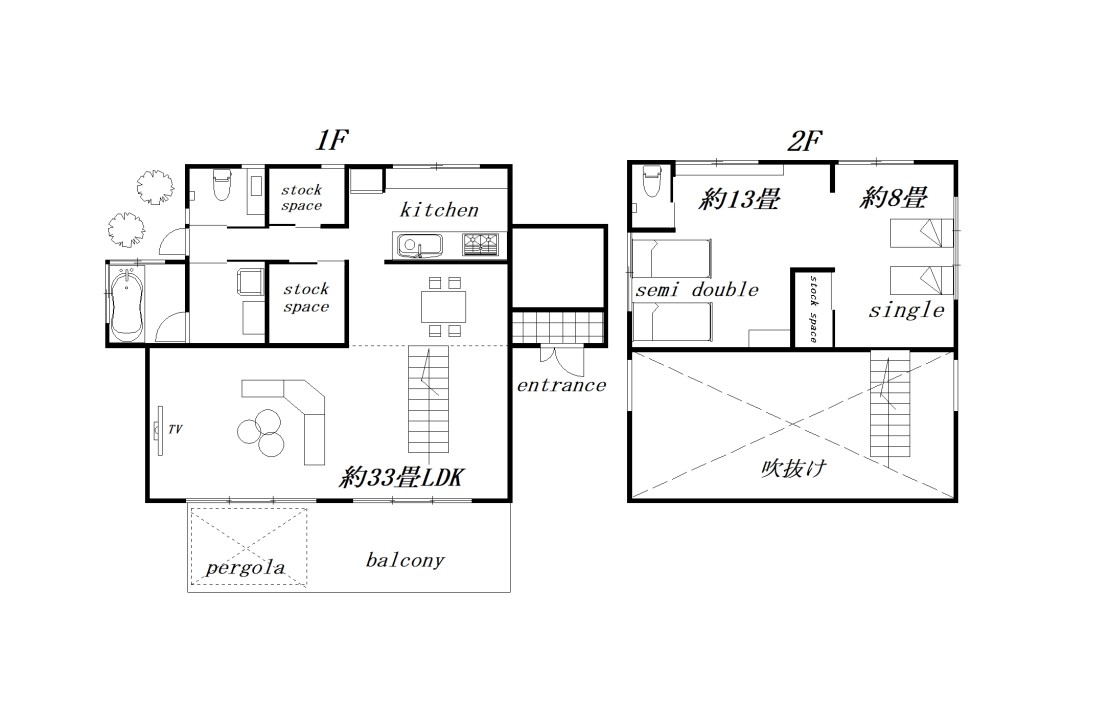 Sea Garden KAMOGAWA｜千葉県・勝浦・鴨川の間取り写真｜◆施設
一棟貸切りの別荘です。
1F：　リビング約33畳、キッチン、トイレ、洗面、浴室
2F：   洋室約13畳(セミダブルベッド2台)、洋室８畳(シングルベッド2台、シングルスペアベッド1台)、トイレ
駐車場：　3台厳守