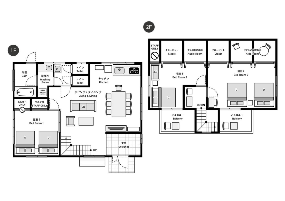 風の庵｜千葉県・勝浦・鴨川の間取り写真｜◆施設
一棟貸切りの別荘です。
1F：　リビングダイニングキッチン約20畳、洋室約８畳、トイレ2、洗面、浴室
2F：   洋室部屋２部屋(約６畳、10畳)
寝具：ダブルベッド5台、布団6組、ソファベッド2台(シングルサイズ)
駐車場;  敷地内3台※入口が急坂になっています。 敷地外にも3台