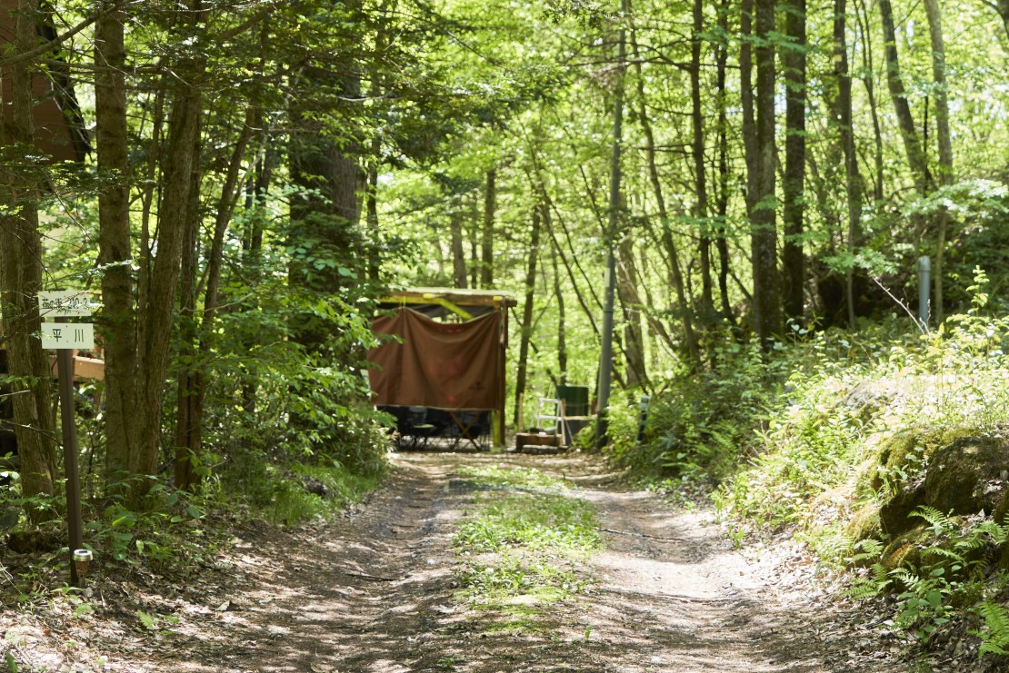 アウトドア貸切別荘北軽井沢Ⅱ｜群馬県・北軽井沢・嬬恋・万座｜木に囲まれた入口からロッジに入ります