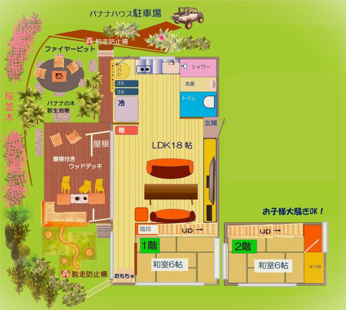 金谷バナナハウス｜千葉県・木更津・君津・富津の間取り写真｜🏠 金谷バナナハウス間取り🏠

屋外
ウッドデッキ15㎡(外) 
+ 庭
+ ファイヤーピット（屋外囲炉裏）
ファイヤーピットの大きさは 930cm X 930cm　
内側焼きスペースは 450cm X 450cmです。

室内
ダイニング、リビングルーム18畳 + キッチン
+ 和室6畳（1階）
+ 和室6畳 + 床の間（ 2階 ）
+ シャワールーム + 洗面ルーム + トイレ
+駐車場4台

＊バスタブはございません。
シャワーのみです。(シャワールーム、洗面ルーム、トイレはそれぞれ畳一帖ほどのスペースです）
シャワー室には座高が高めの椅子が置いてあります。

トイレに幼児用の補助便座があります。
トイレも畳１畳ほどの広さです。

＊1階と2階の各寝室で、4名様ごとのご利用が出来ます。

＊足の具合が悪い方など、ベッドの方が良い場合はその旨お申し付け下さいませ。

リネン（シーツ、枕カバーなど）も含めお布団のご用意は８組です。

＊８名様でお越しいただく場合、4組のお布団を敷くと1組だけ狭くなります。
　恐れ入りますが、予めご了承のほどお願い申し上げます。