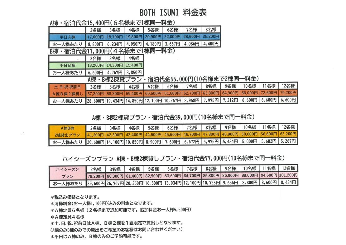 BOTH ISUMI｜千葉県・勝浦・鴨川｜料金表になります。