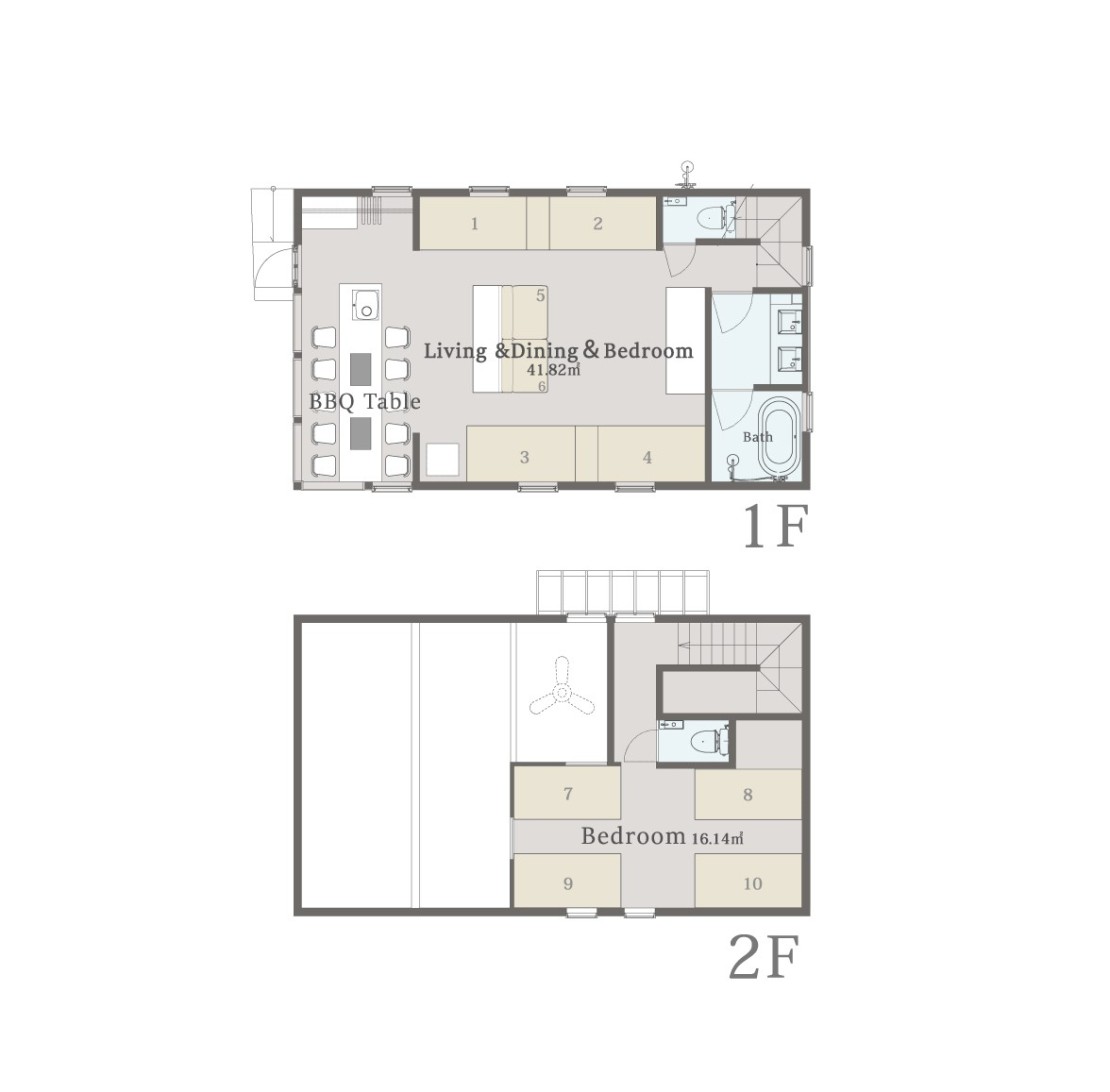 Bungalow One｜千葉県・勝浦・鴨川の間取り写真｜〇施設
・1階52㎡、2階23㎡、合計75㎡(45畳)の広い空間
・10人分3.6ｍのダイニング・キッチンカウンターで室内ＢＢＱが楽しめる(IH仕様)
・駐車場；３台※希望者にはEV者用充電用電源＋コード貸出(要事前連絡)
・屋外；シャワー、ハンギングチェア２脚、テーブル1台
・寝具；1階はシングル・ソファベッド4台/スペアベッド2台、2階はシングルベッド4台(計10)