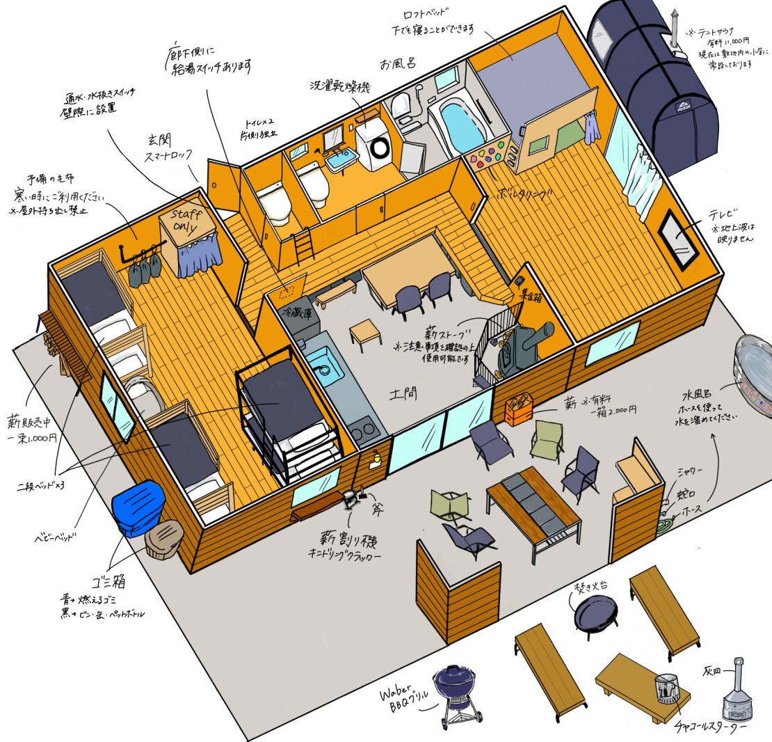 SNUG CAMP HOUSE｜山梨県・大月・都留｜広いコテージを一棟貸切！
現地にあるものはご自由にお使いください。
※消耗品類は前日までの使用状況によっては在庫が少なくなっていることもございます。
ご心配な場合はご持参ください。