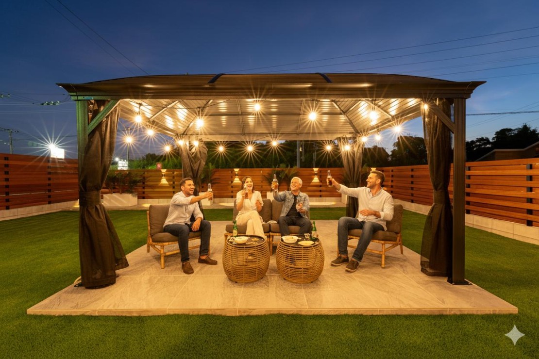 サンライズビラ｜千葉県・九十九里・銚子｜庭には照明が設置されているので夜間でも楽しむ事が出来ます
※庭の利用は午後８時まで
またガゼボやウッドデッキには屋根がついているので多少の雨であればしのぐ事が出来ます