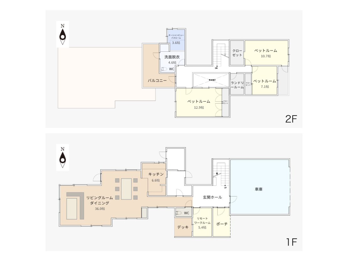 Rivage Blue｜千葉県・木更津・君津・富津の間取り写真｜床面積273㎡（１F 173㎡　２F 100㎡）３SLDK。
１F　リビングダイニング 36帖、キッチン 6.6帖、リモートワークルーム 5.4帖、トイレ、デッキ
２F　寝室A（4名）12.9帖、寝室B（4名）10.7帖、寝室C（2名）7.1帖、お風呂 3.6帖、洗面脱衣室・トイレ  4.6帖、ランドリールーム、バルコニー