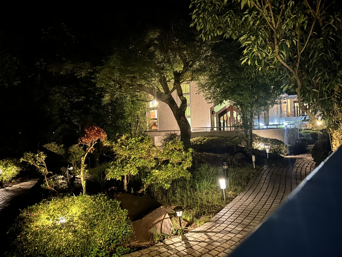 伊豆iroha｜静岡県・伊豆高原｜駐車場からフロントに続く小道のライトアップです。お足元にお気をつけてご来館くださいませ。