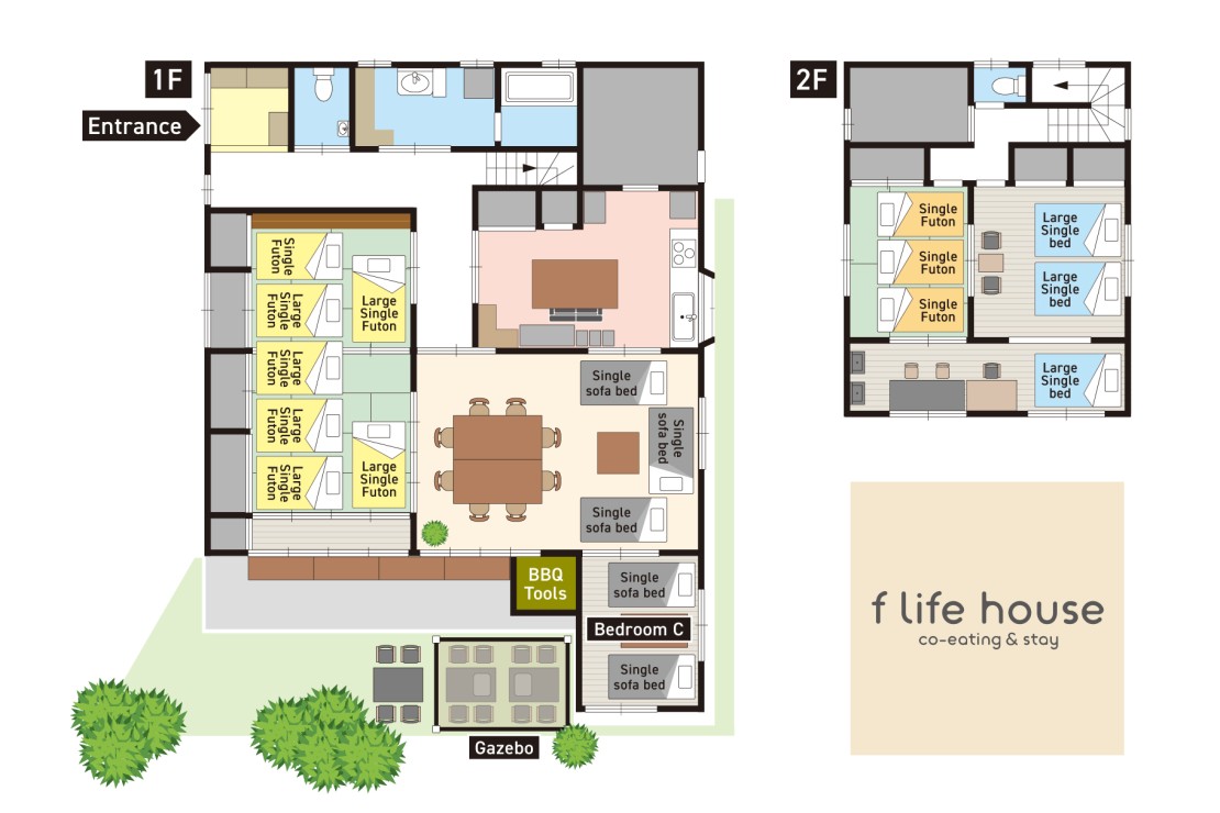 f life house｜福島県・郡山｜18名就寝時（ソファベッドを使用）