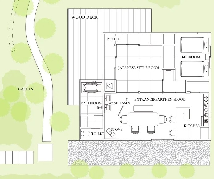 BON-MAL ZEN｜千葉県・勝浦・鴨川の間取り写真｜対面カウンターキッチン、洋室１、和室１、バスルーム、トイレ、洗面台