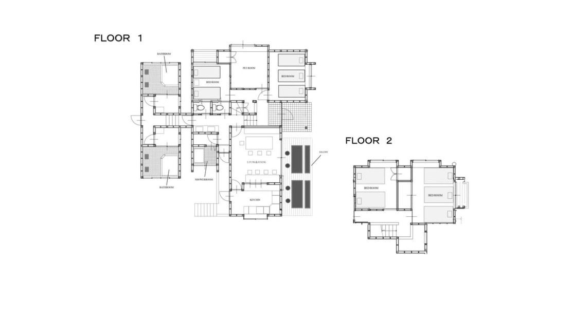 HIROBA　BY　BON-MAL｜千葉県・勝浦・鴨川の間取り写真｜リビングダイニング１、キッチン１、寝室４、バスルーム２、シャワールーム１、ランドリールーム（洗濯機１台・乾燥機１台）、トイレ２