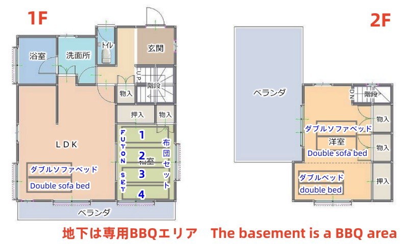 Sound Villa（サウンドヴィラ）｜静岡県・熱海の間取り写真｜2LDKの間取りですが、二階の大きいスペースの真ん中区切りカーテンつけており、3LDKスペースとしても利用可能！

＃※就寝時の寝具については大人数利用時、“ダブルソファーベッド”を利用する形になります。ソファーを広げてベッドにして就寝するような形としております。二階に用意しているスペア敷布団はあくまでソファーベッドと併用するもので、補助として使うものですので直接地面に敷いたり使うタイプではございません。
※（ポイント：スペア敷布団はベッドではございません。ダブルソファーベッドを広げて柔らかくご就寝ください～。）

10名様などの大人数のご利用時、“一階リビング”のダブルソファーベッドを広げてご利用いただく形になっております。

当施設は8名様までのご利用は一番ベストなのですが大人数でコスパよく泊まりたいという方々の声もありましたため、リビングも活用しての設定となっております。
※（ポイント：大人数でご利用の場合一階リビングと二階にあるソファーベッドを広げてベッドの形にしてご利用くださいませ。）