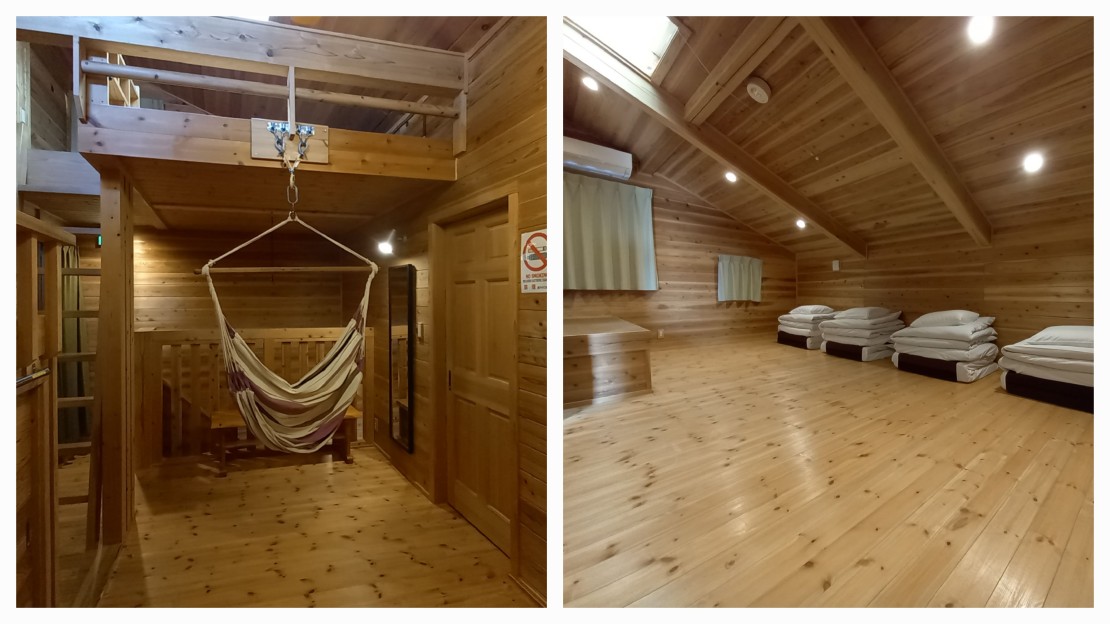 貸別荘　オレンジ・キャビン｜山梨県・河口湖・西湖・富士吉田・精進湖・本栖湖｜【スーペリア】 寝室とハンモック　
ハンモックの上部にロフト