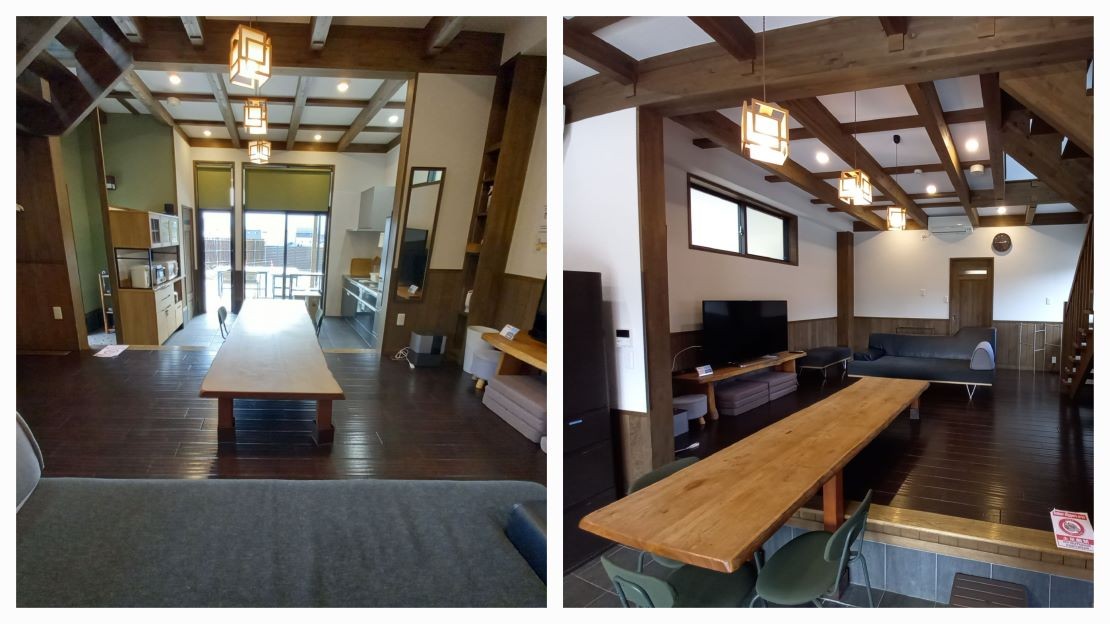 貸別荘　オレンジ・キャビン｜山梨県・河口湖・西湖・富士吉田・精進湖・本栖湖｜【京町屋】 LDK　
左：リビング側から　　
右：土間キッチン側から