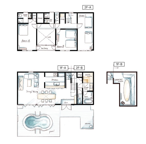 Hale Kotsubo｜神奈川県・湘南・鎌倉の間取り写真｜半地下...カラオケルーム
1階...リビング、ダイニング、キッチン
中2階...サウナルーム、浴室、洗面台、トイレ
2階...ROOM🌺A（Q×1、シャワールーム、トイレ、洗面台）
ROOM🌺B（SD×2）
ROOM🌺C（SD×2）
ご希望の方には敷布団を2式までご用意いたします。※一式 8,800円頂戴します。　ベッドに高さがあるため、未就学児をお連れの方は無料

B1 ガレージ：3台分 
屋外プール、屋外シャワー

設備＜概要＞
・WiFi
・室内BGM用Bluetoothスピーカー
・基本的なアメニティ
・洗濯・乾燥コインランドリー

キッチン
・大型冷蔵庫
・業務用製氷機
・ビールサーバー【オプションサービス　アサヒ10ℓ 9,800円】
・3口IHコンロ、卓上IH
・グリル
・炊飯器
・鍋、土鍋、フライパン
・ホットプレート
・基本的な調理用具、食器