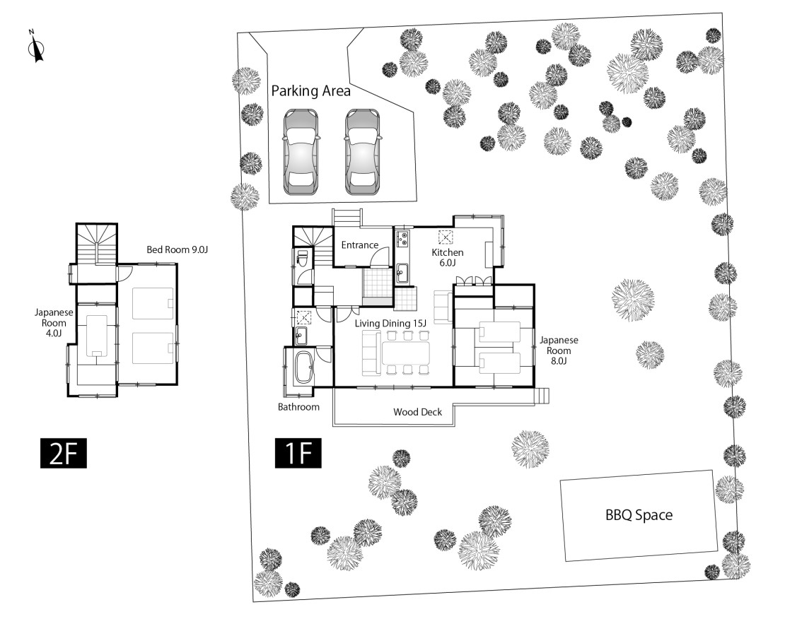 クラレンス｜群馬県・北軽井沢・嬬恋・万座の間取り写真｜＜1階＞
LDK：24帖、和室8帖、バス、トイレ、洗面脱衣所
＜2階＞
メイン寝室9帖、和室4帖