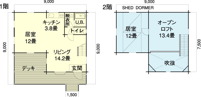 リスの家｜長野県・八ヶ岳・富士見・原村・野辺山・小海の間取り写真｜1階：　リビング、ダイニング＆キッチン、浴室、トイレ
2階：　寝室１（ベッド３つ）、ロフト（ベッド２つ）