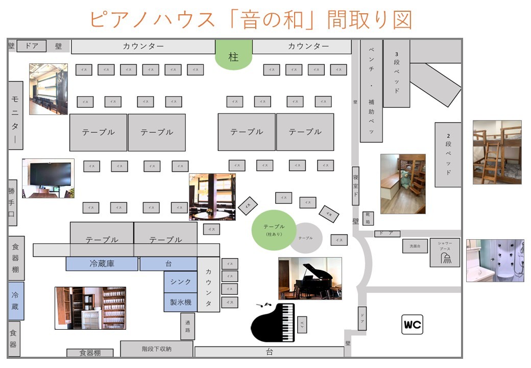 ピアノハウス音の和｜和歌山県・有田・御坊・日高の間取り写真｜【宿泊スペース】
多段ベッド6名様分➕シャワーブース➕洗面台

【多目的スペース】
音楽用スペース➕ミニキッチン➕トイレ