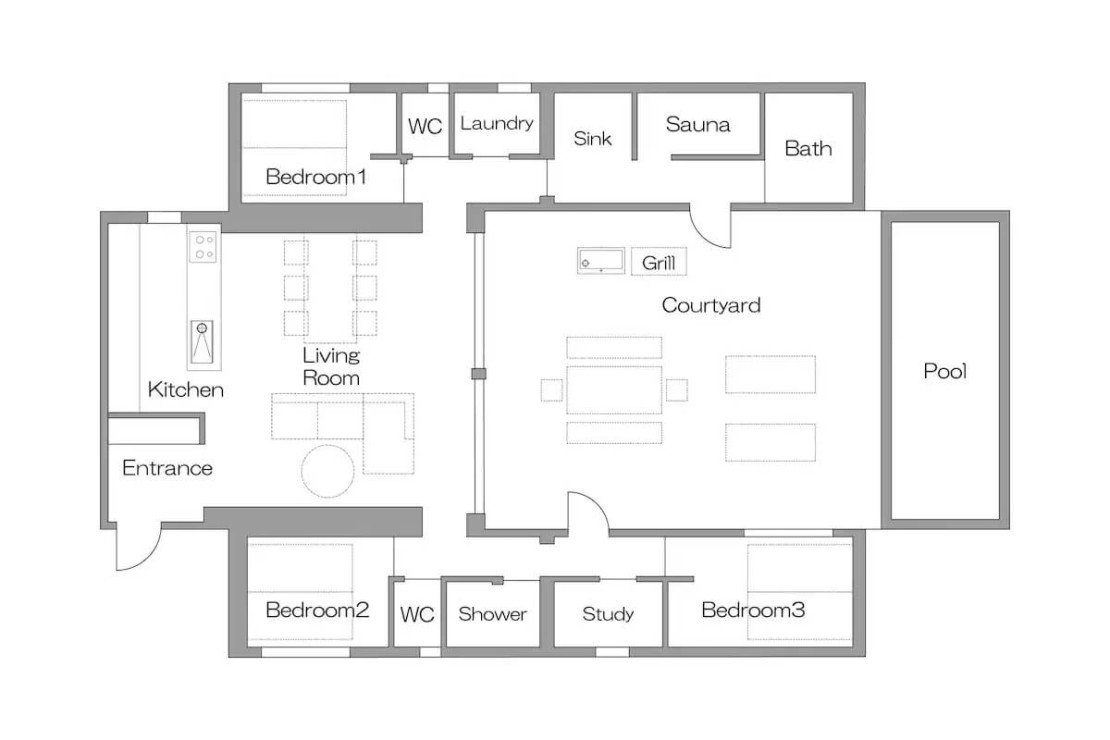 RIVIERA Kujukuri｜千葉県・九十九里・銚子の間取り写真｜キッチン、リビング、寝室3（シングルベッド2台×3部屋）、バスルーム、サウナ、ランドリールーム、シャワー室、トイレ×2、テラス、1名用スペース